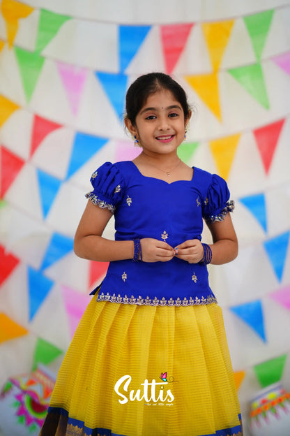 Organza Pavadai Sattai - Yellow And Royal Blue Kids-Suttis