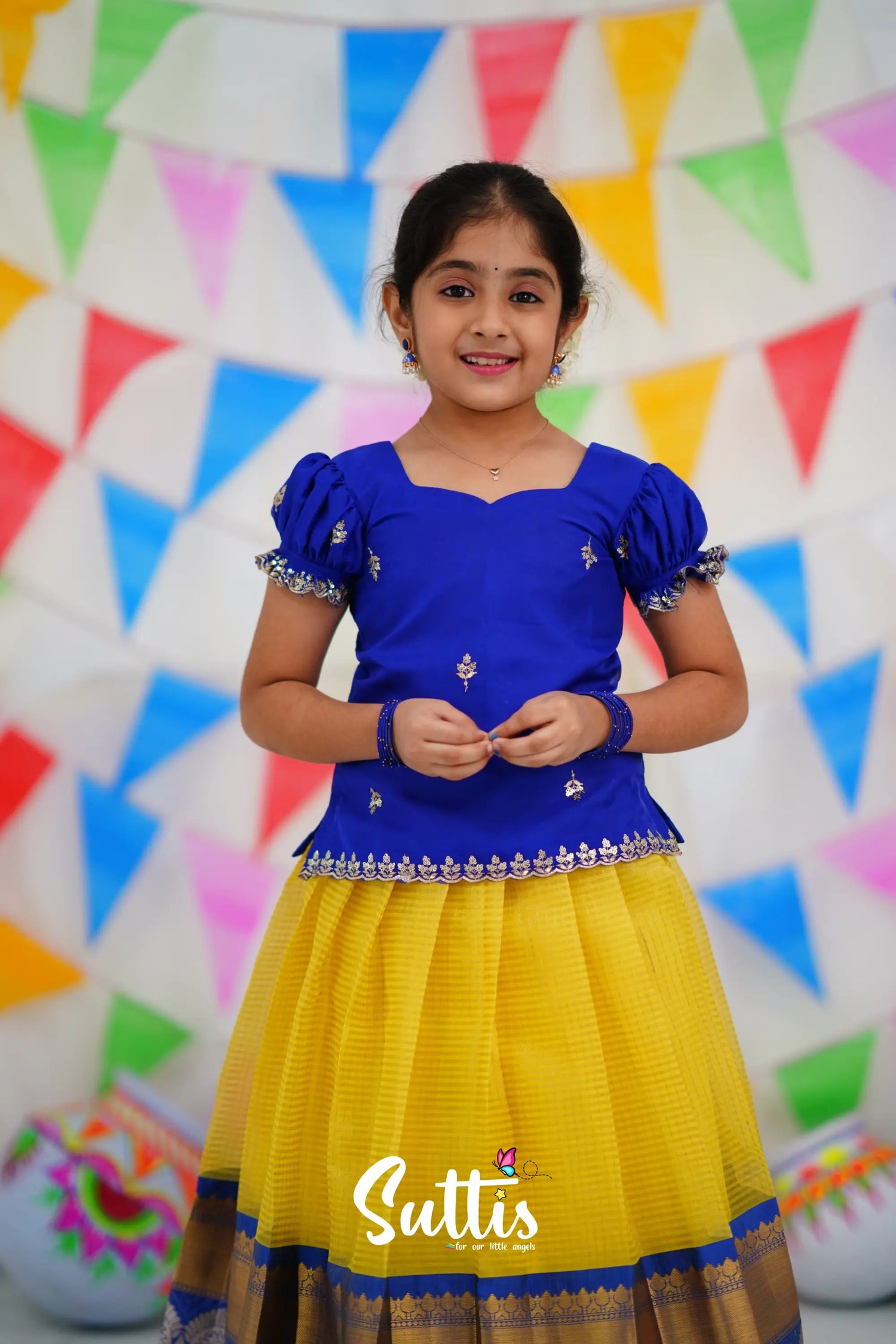 Organza Pavadai Sattai - Yellow And Royal Blue Kids-Suttis