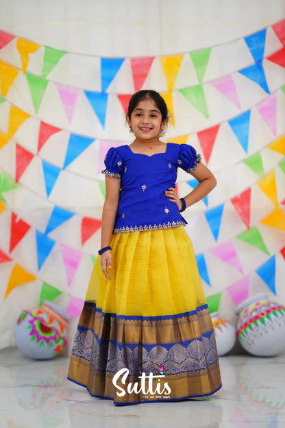 Organza Pavadai Sattai - Yellow And Royal Blue Kids-Suttis