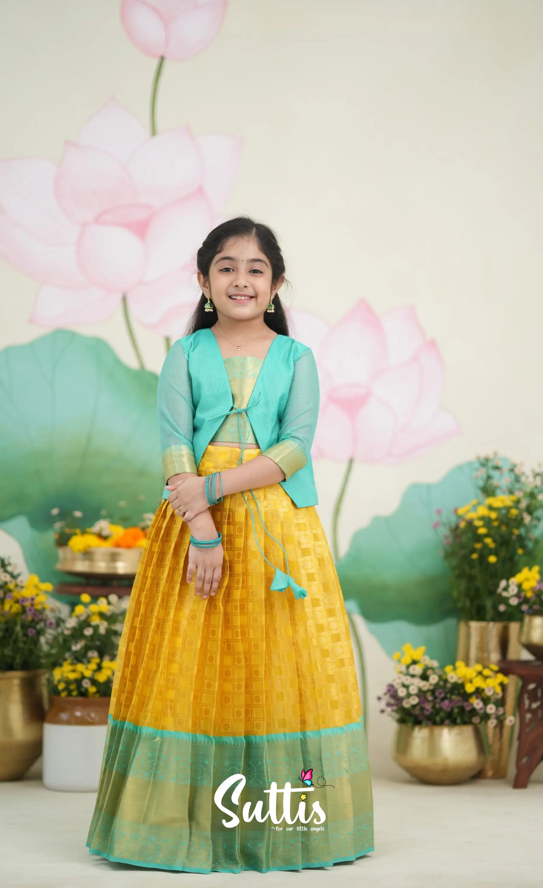 Organza Pavadai Sattai - Yellow and Teal Blue Kids-Suttis