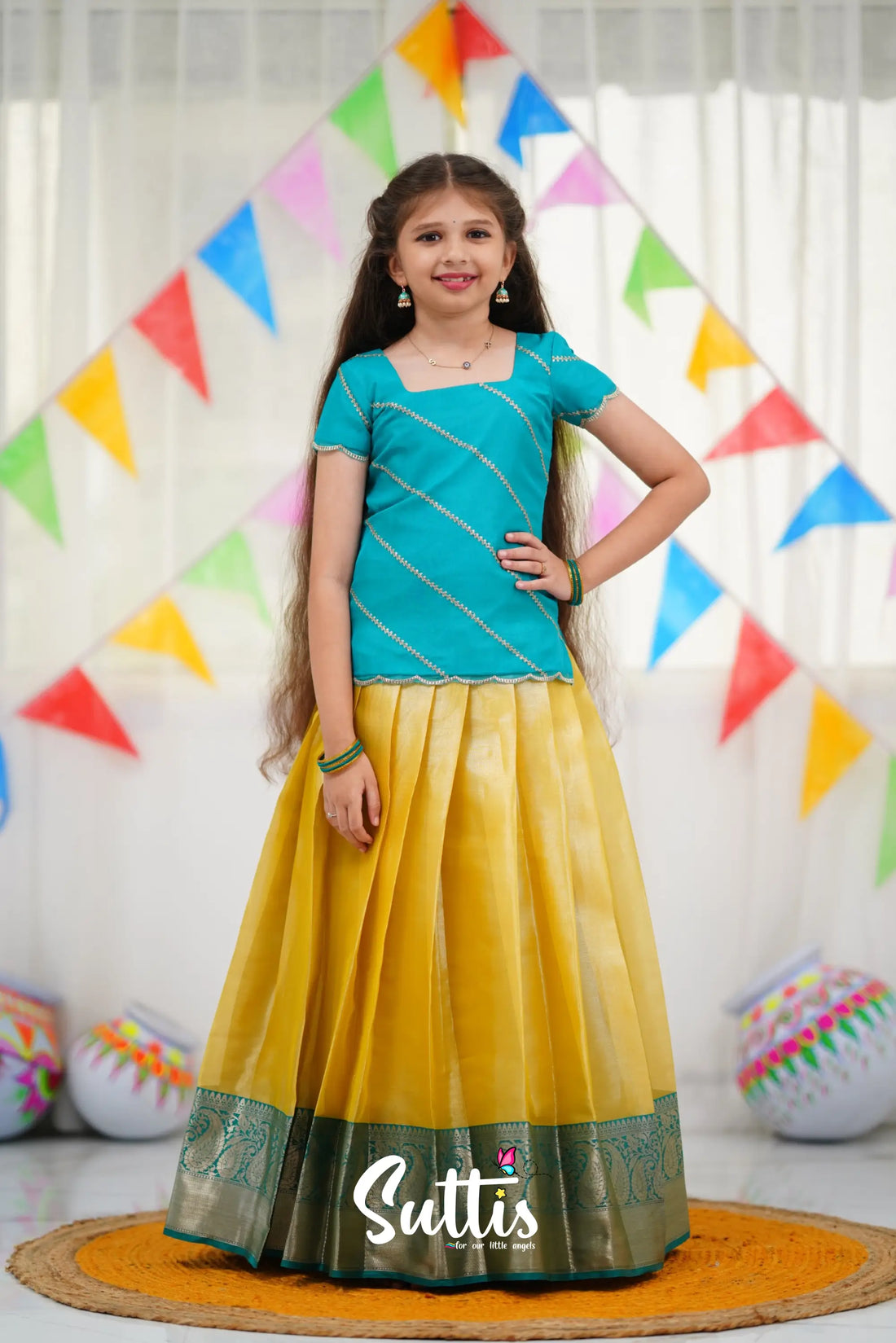 Organza Pavadai Sattai - Yellow And Teal Blue Kids-Suttis