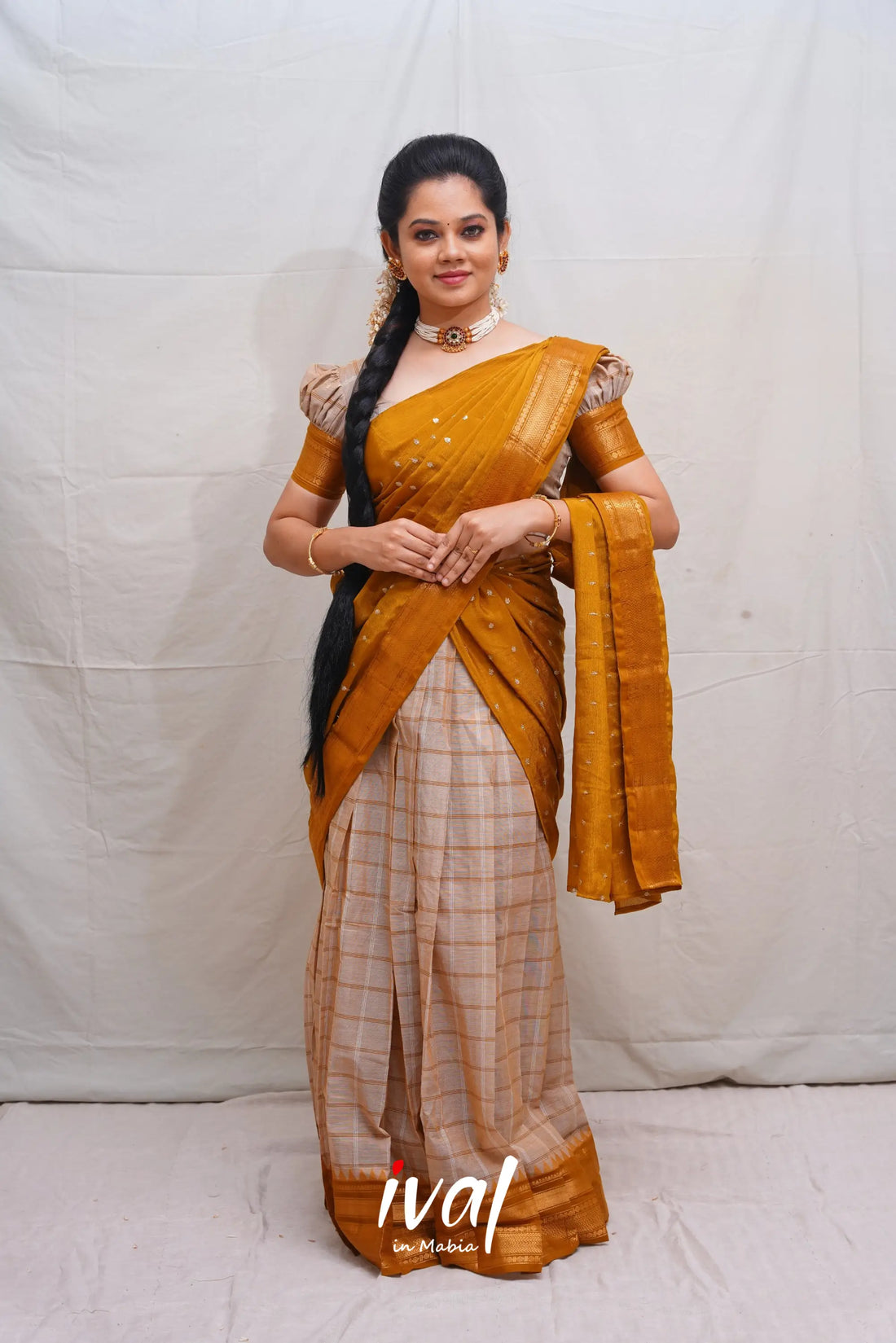 Padmaja - Beige And Golden Brown Cotton Halfsaree Half Sarees