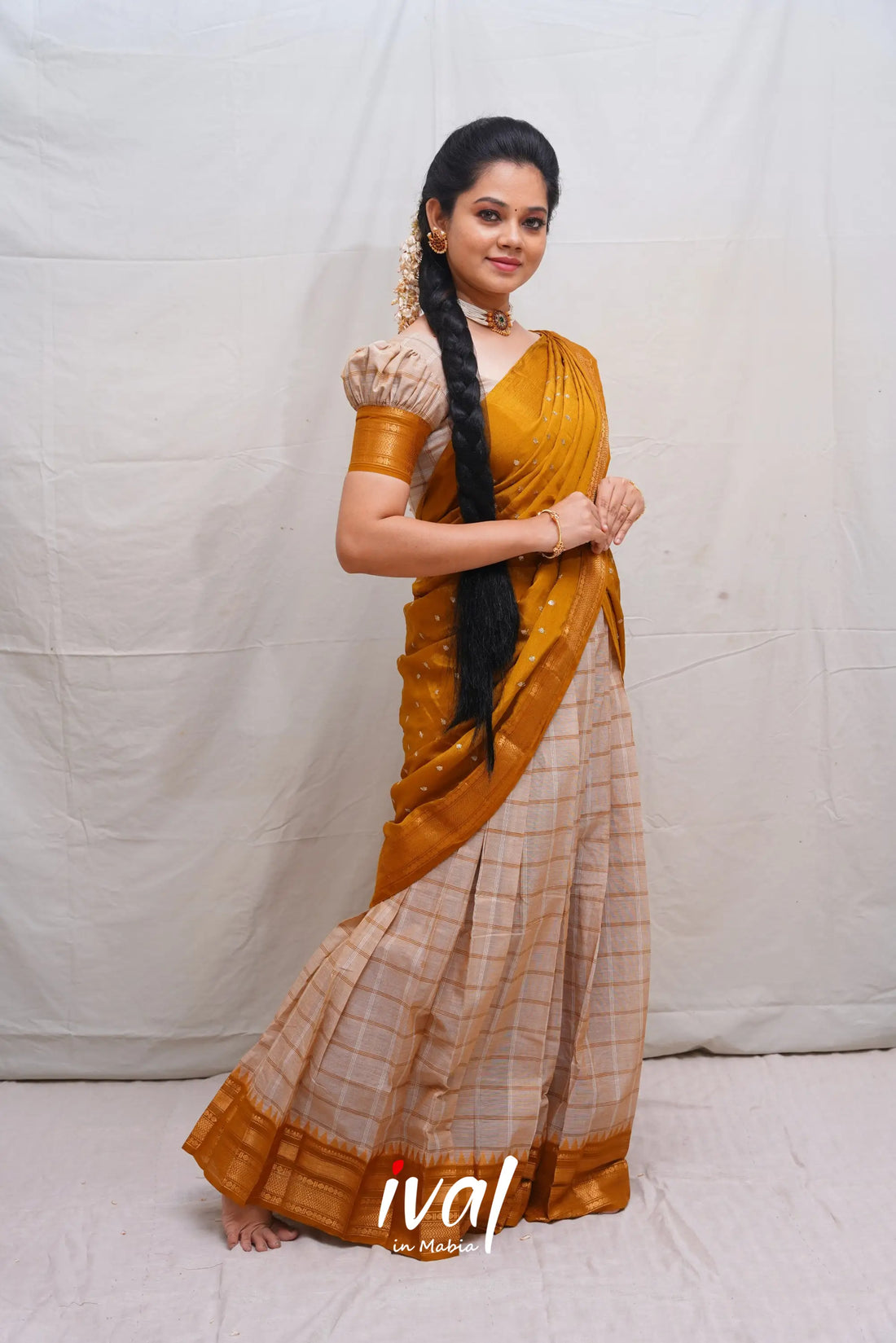 Padmaja - Beige And Golden Brown Cotton Halfsaree Half Sarees