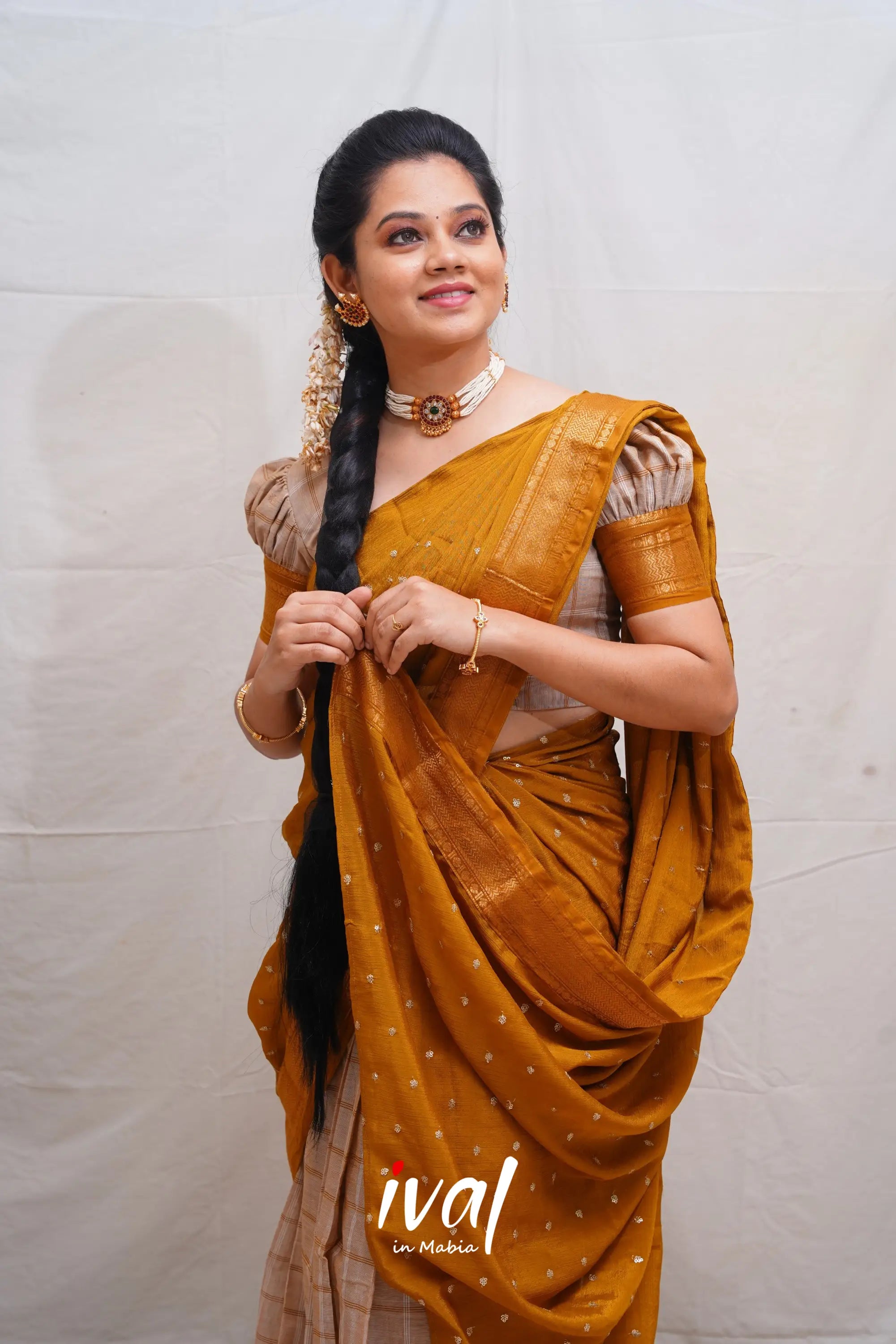 Padmaja - Beige And Golden Brown Cotton Halfsaree Half Sarees