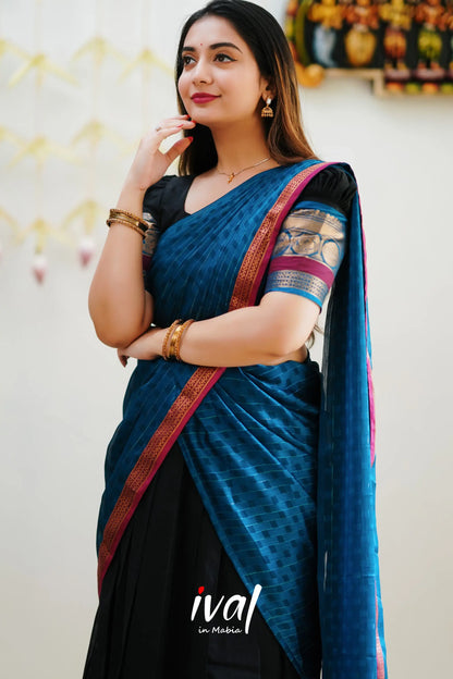 Padmaja - Black And Blue Cotton Halfsaree Half Sarees