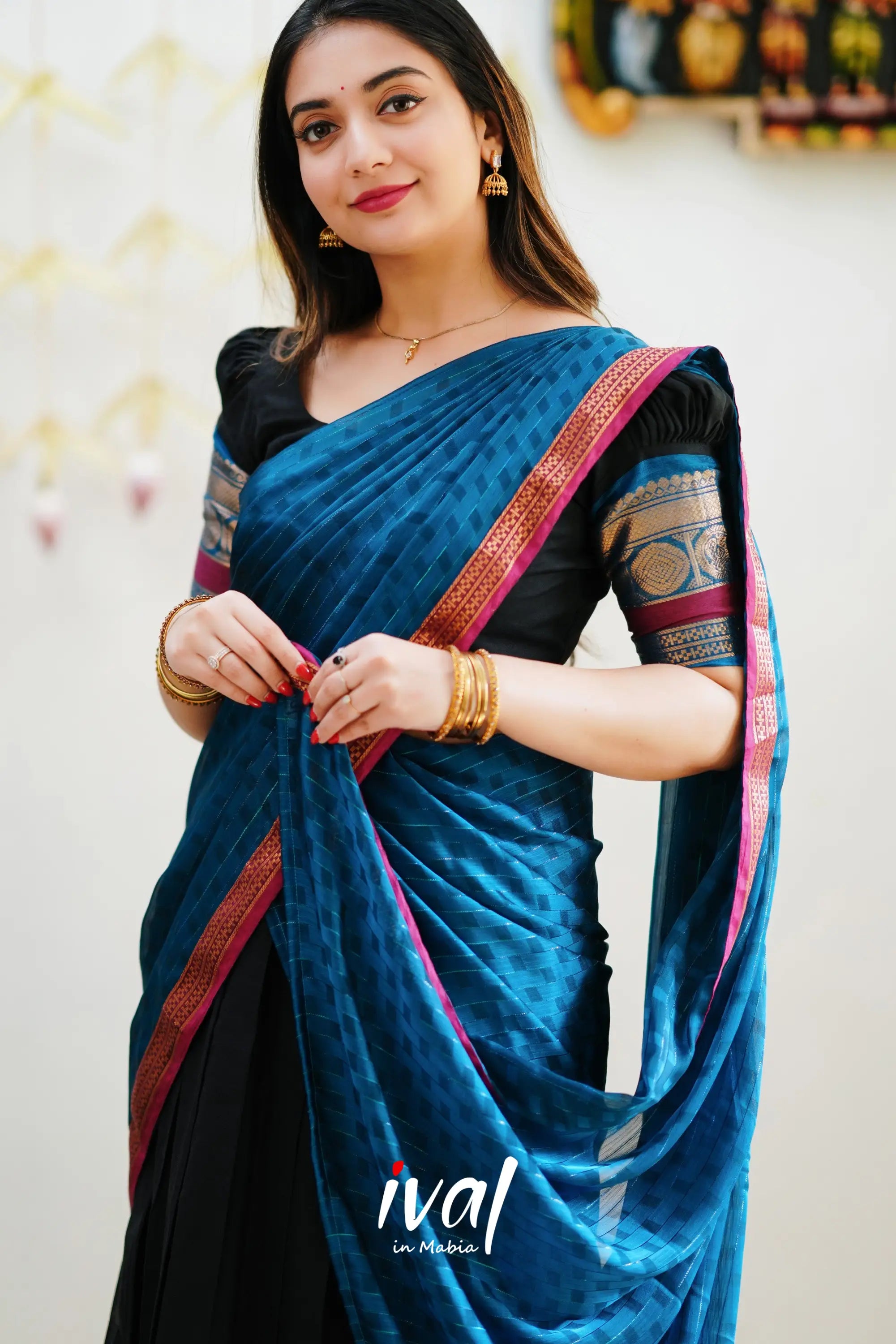 Padmaja - Black And Blue Cotton Halfsaree Half Sarees