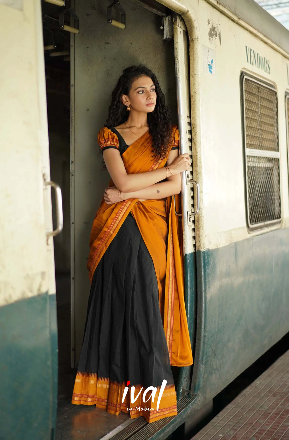 Padmaja - Black And Dark Mustard Cotton Halfsaree Kids-Suttis