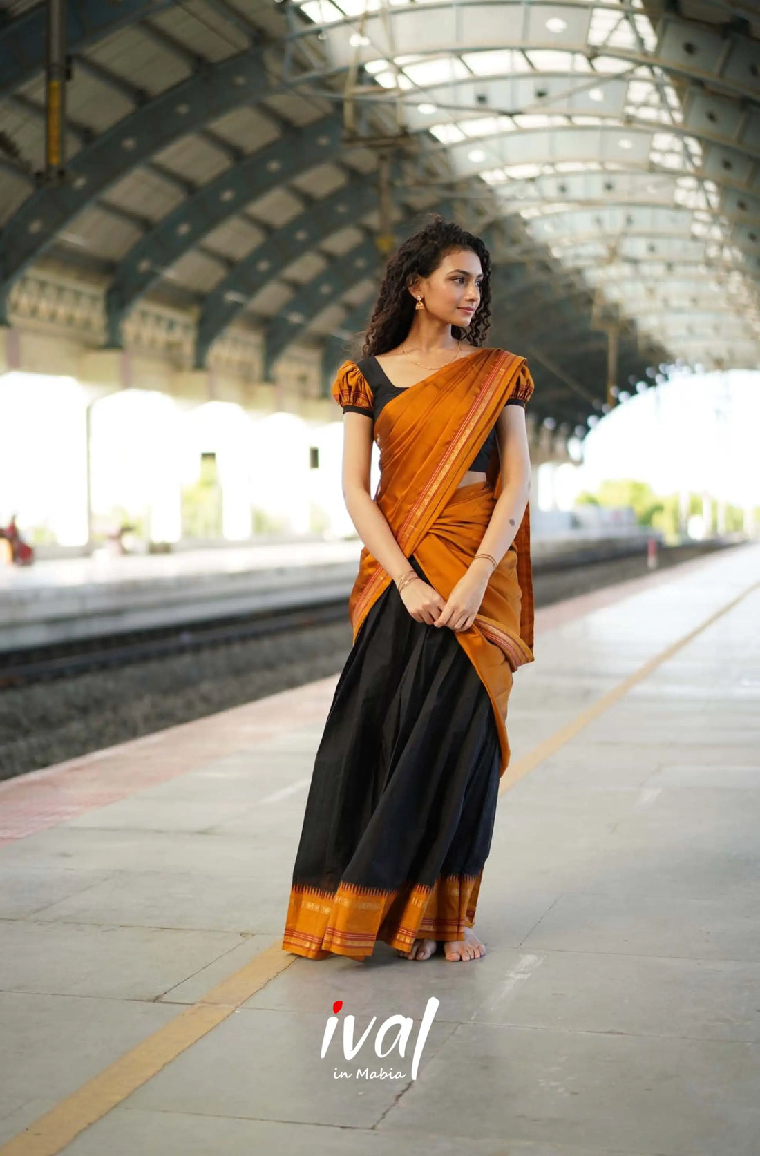 Padmaja - Black And Dark Mustard Cotton Halfsaree Kids-Suttis