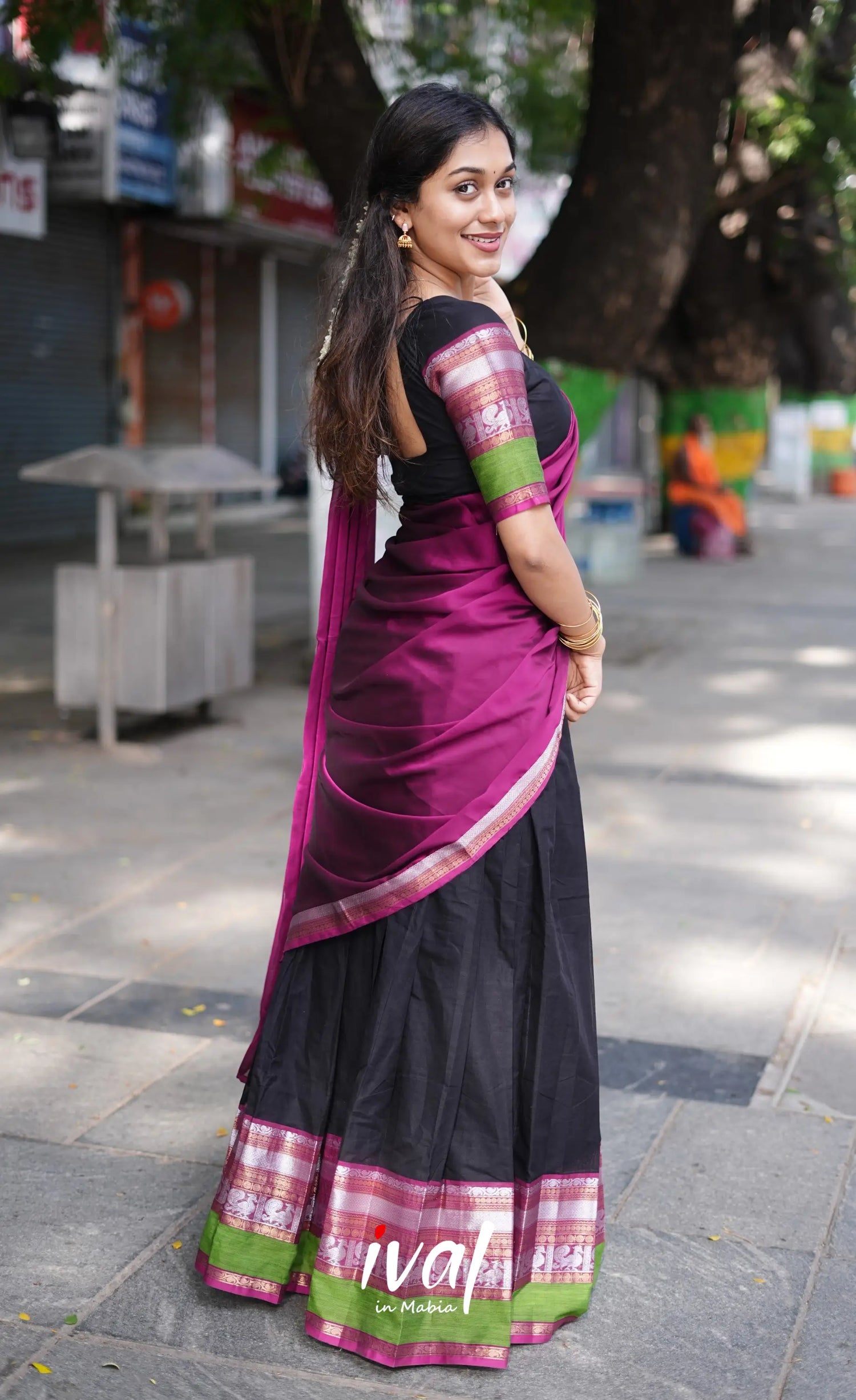 Padmaja - Black And Magenta Cotton Halfsaree Half Sarees