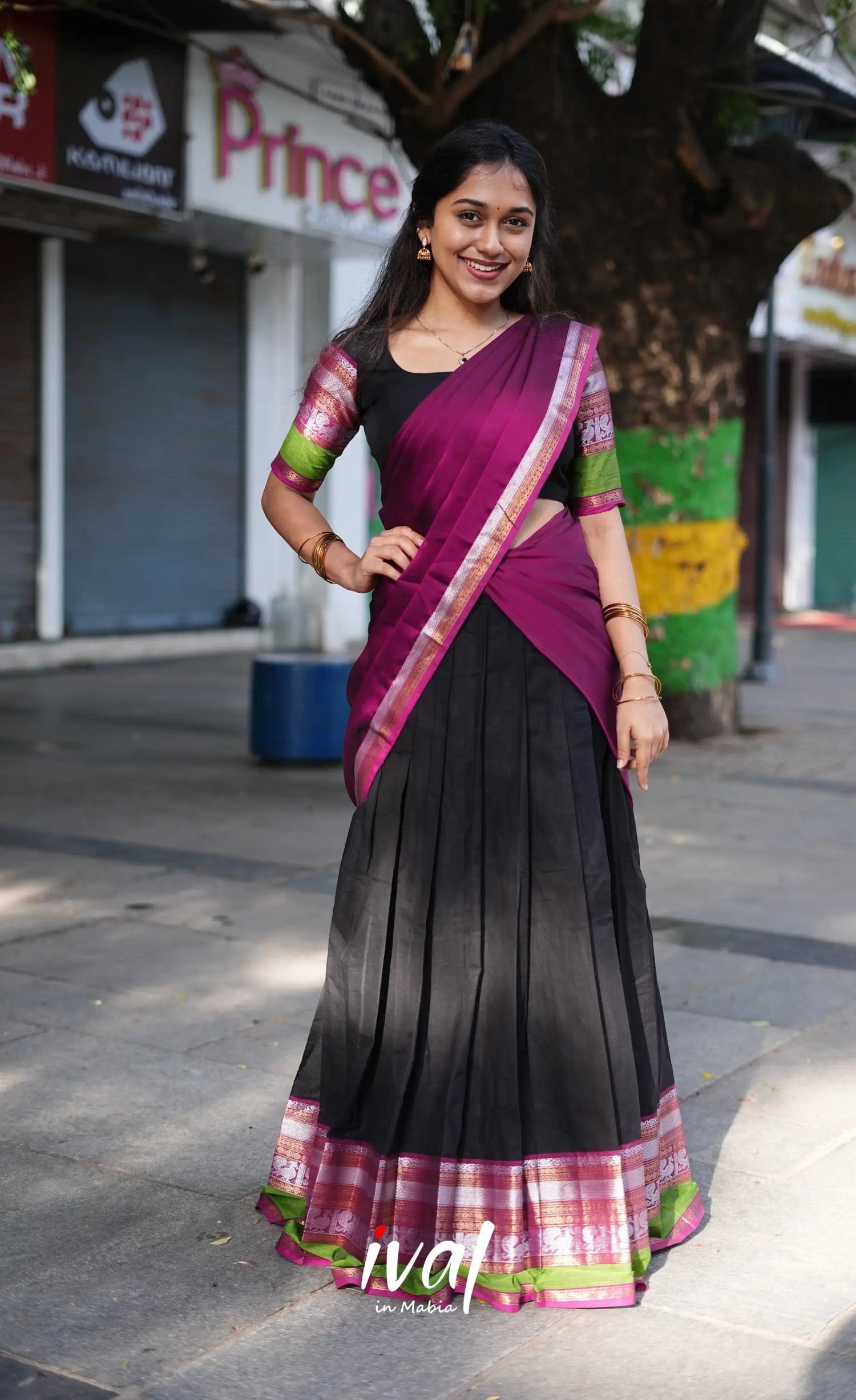 Padmaja - Black And Magenta Cotton Halfsaree Half Sarees