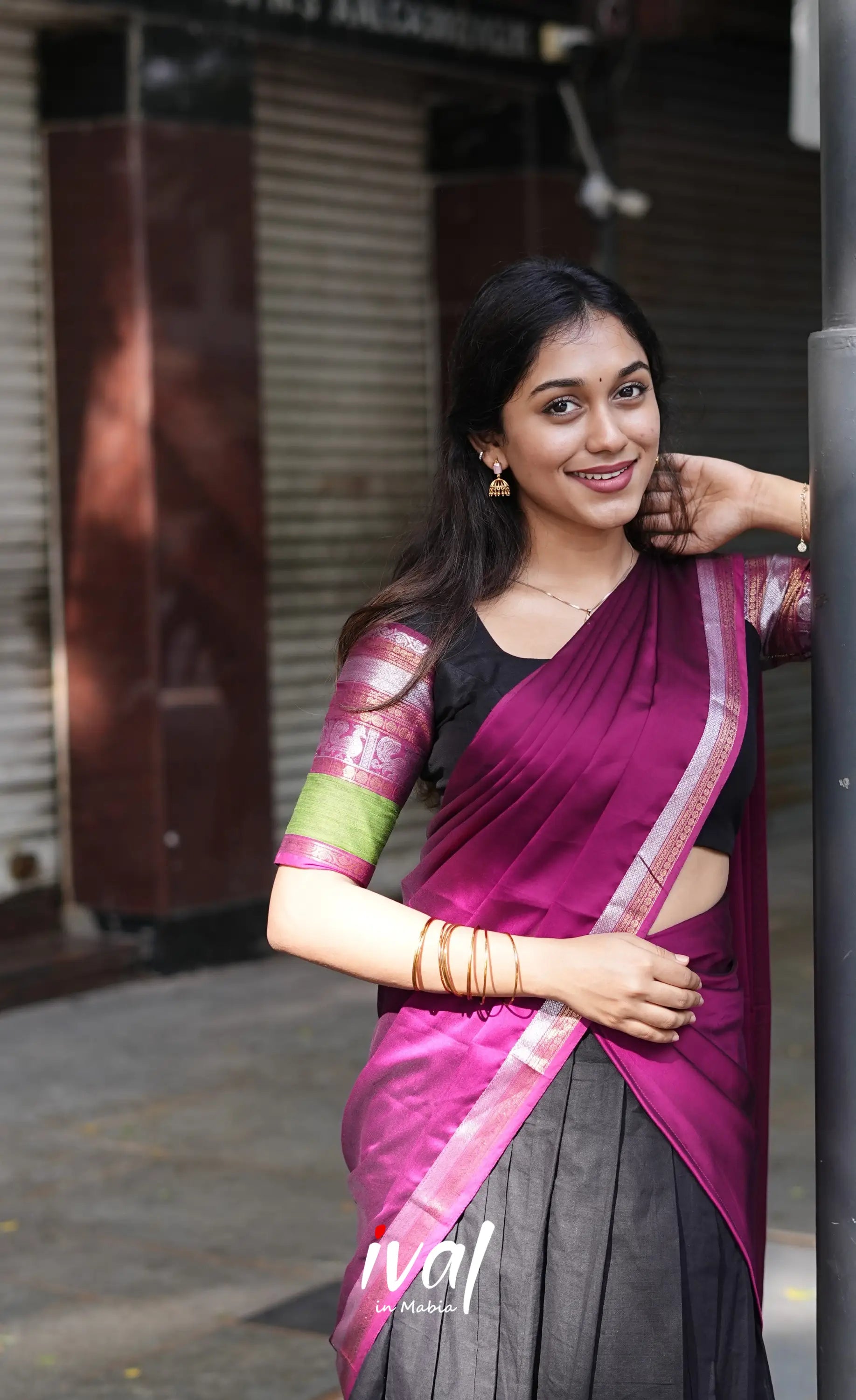 Padmaja - Black And Magenta Cotton Halfsaree Half Sarees