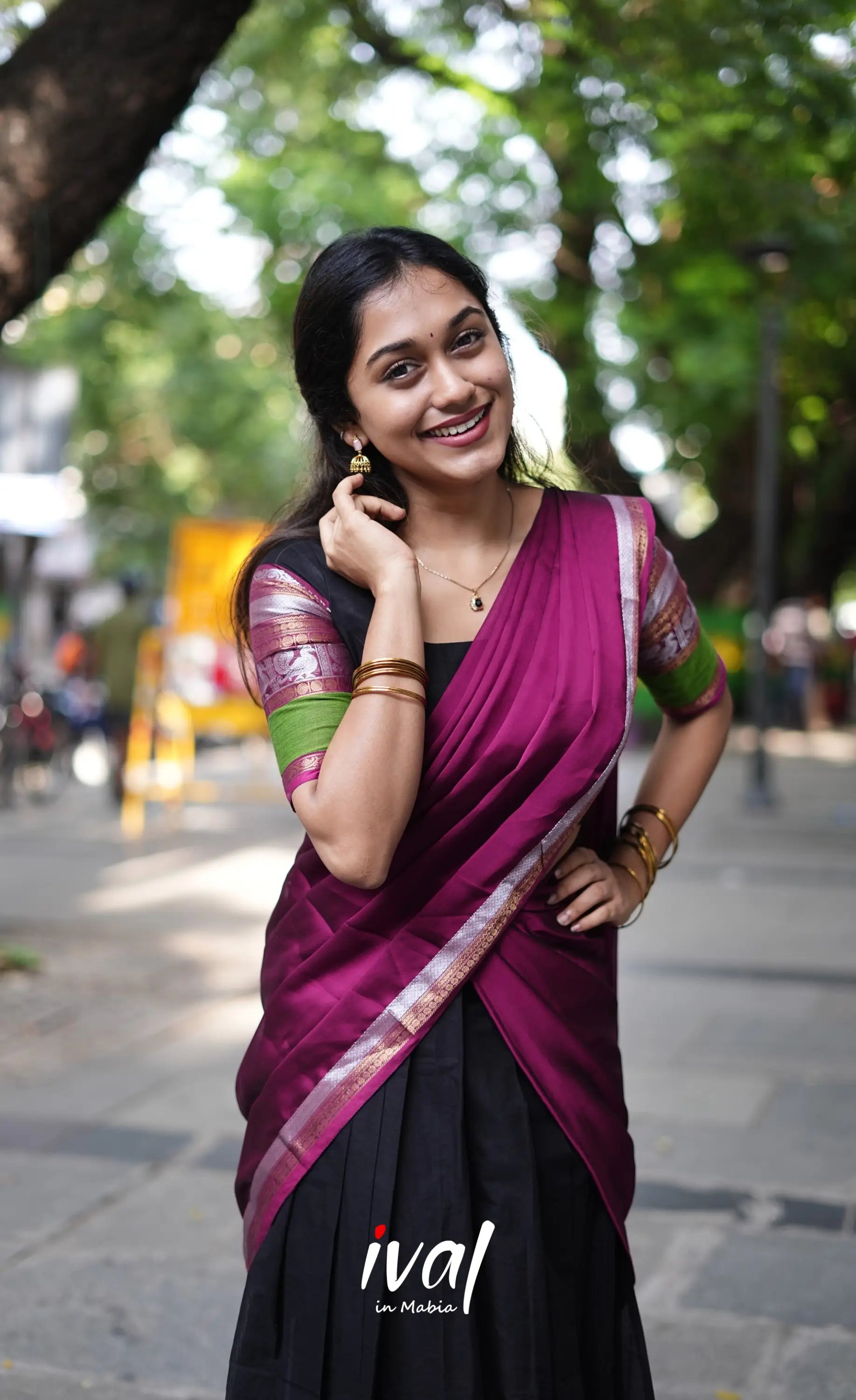 Padmaja - Black And Magenta Cotton Halfsaree Half Sarees