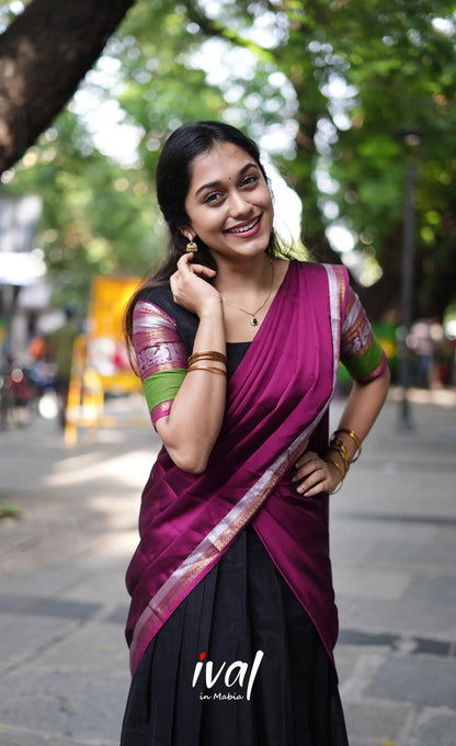 Padmaja - Black And Magenta Cotton Halfsaree Half Sarees