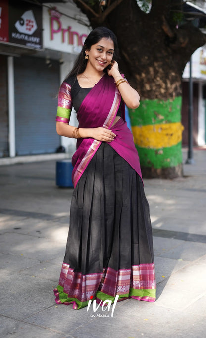 Padmaja - Black And Magenta Cotton Halfsaree Half Sarees