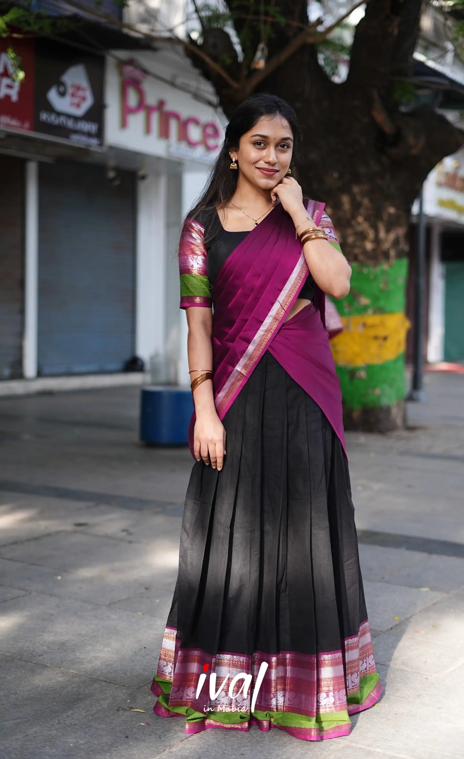 Padmaja - Black And Magenta Cotton Halfsaree Half Sarees