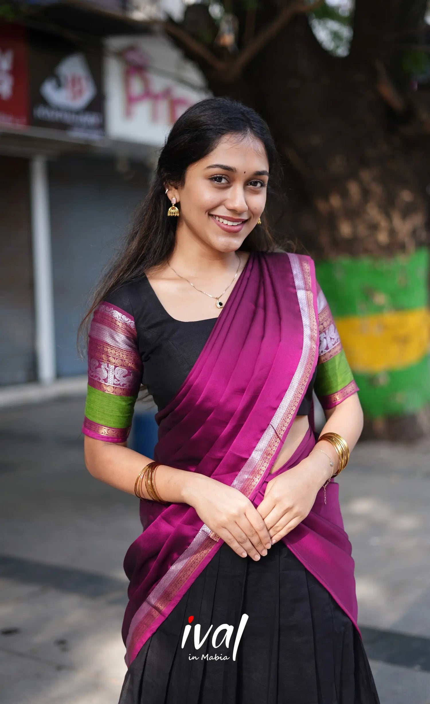 Padmaja - Black And Magenta Cotton Halfsaree Half Sarees