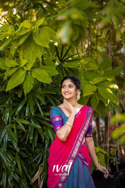 Padmaja - Blue Purple And Pink Cotton Halfsaree Half Sarees