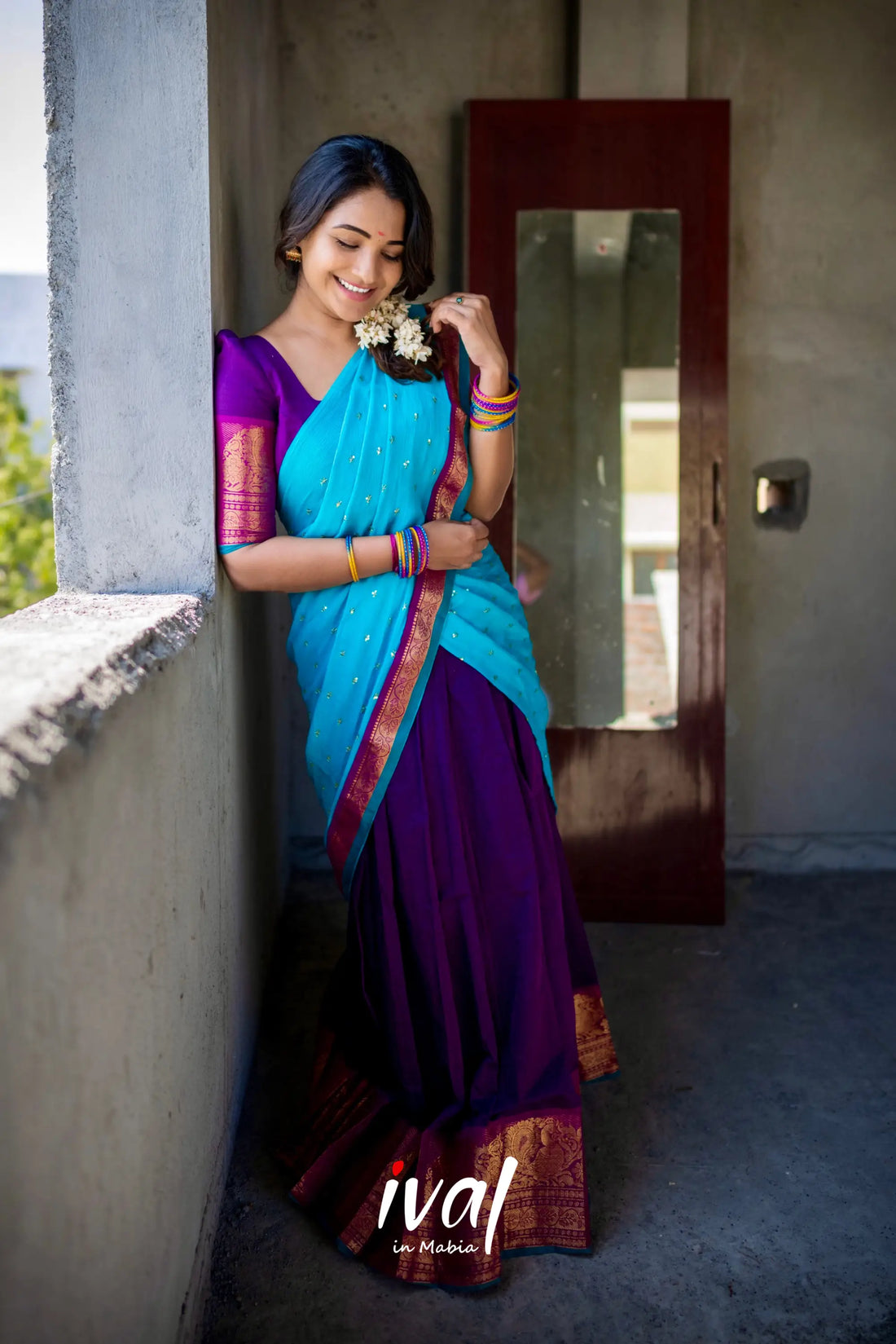 Padmaja - Blueish Violet And Sky Blue Cotton Halfsaree Half Sarees