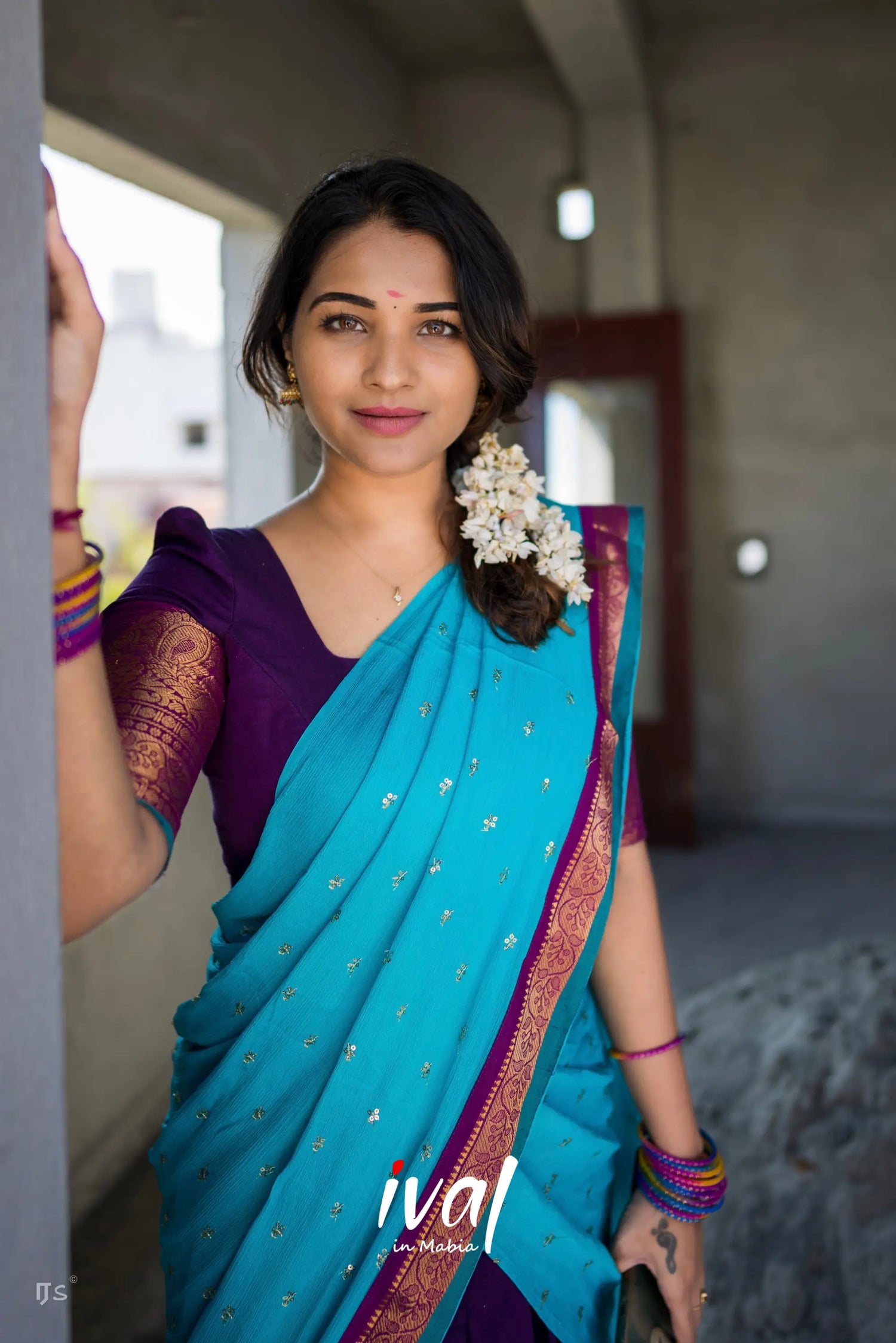 Padmaja - Blueish Violet And Sky Blue Cotton Halfsaree Half Sarees