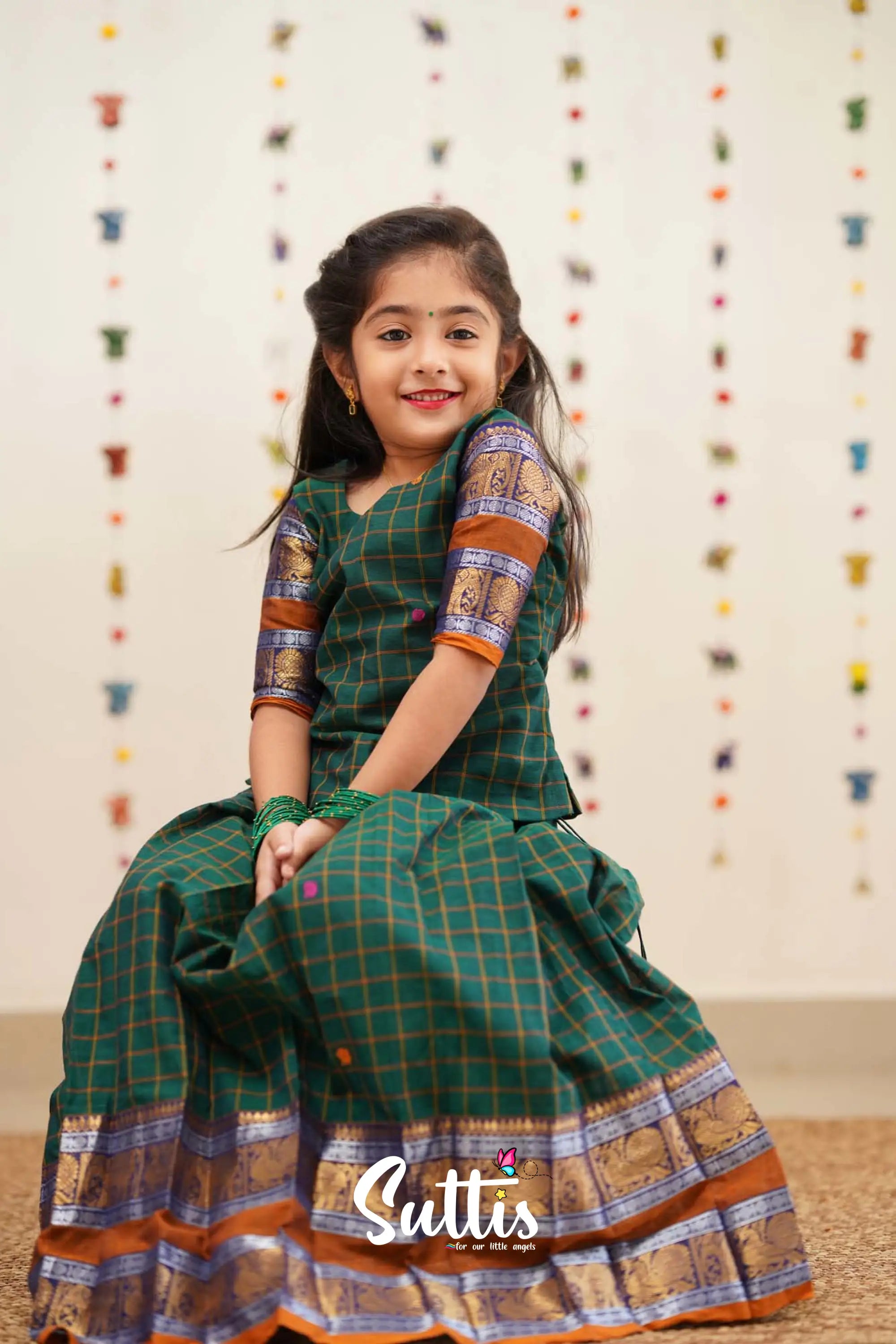 Padmaja - Bottle Green And Dark Mustard Orange Cotton Pavadai Sattai Kids-Suttis