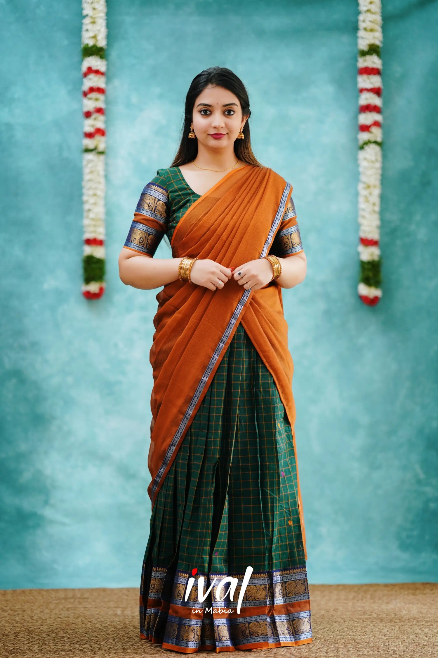 Padmaja - Bottle Green And Mustard Cotton Halfsaree Half Sarees