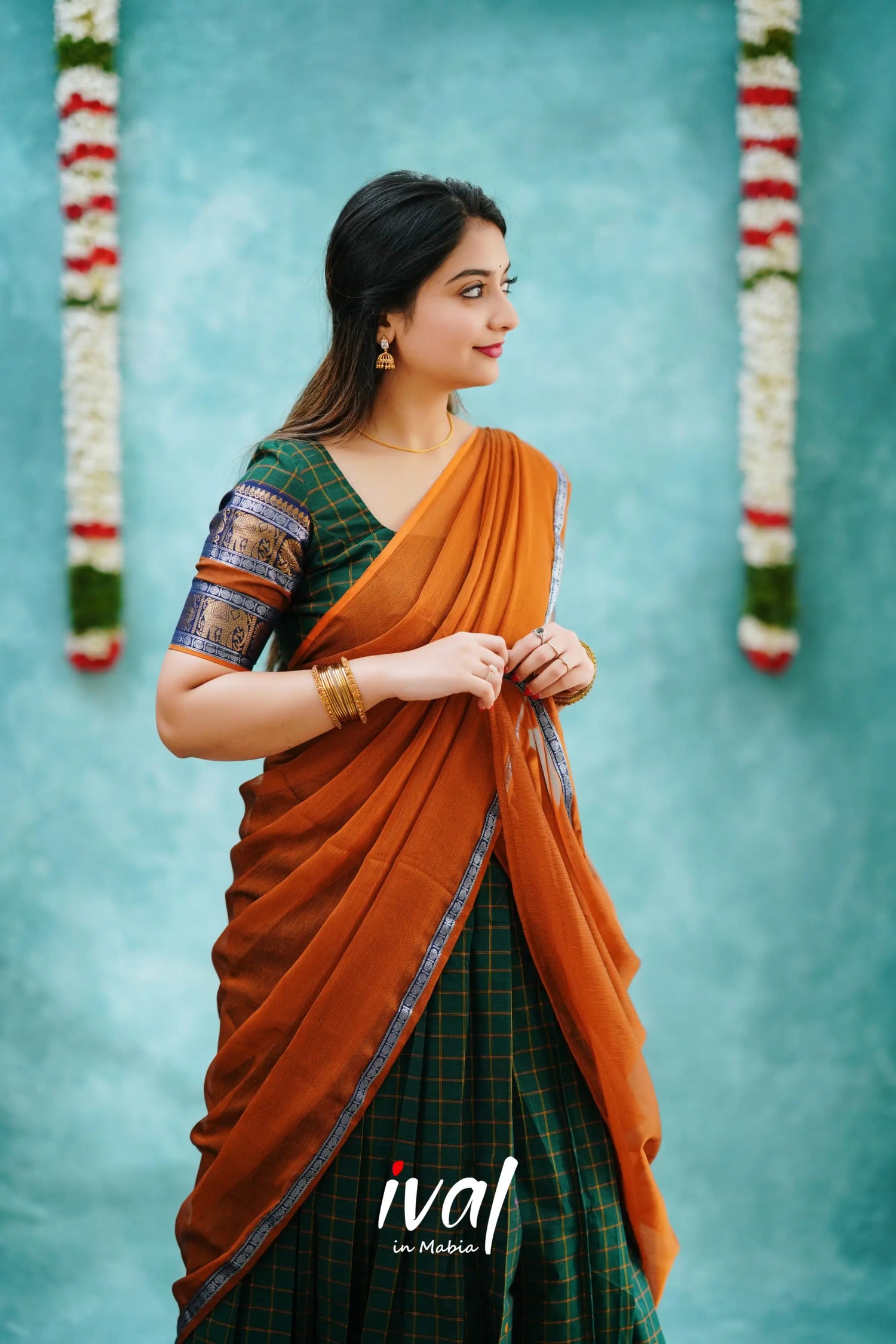 Padmaja - Bottle Green And Mustard Cotton Halfsaree Half Sarees