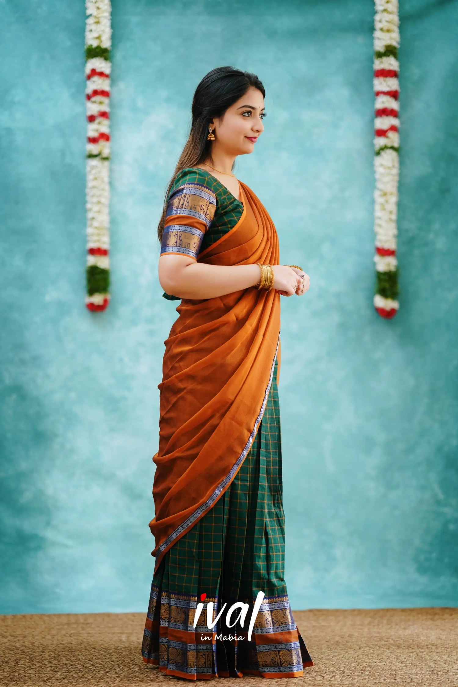 Padmaja - Bottle Green And Mustard Cotton Halfsaree Half Sarees