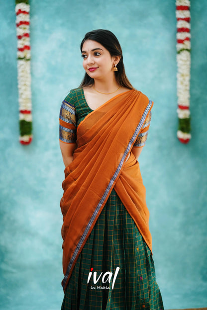 Padmaja - Bottle Green And Mustard Cotton Halfsaree Half Sarees