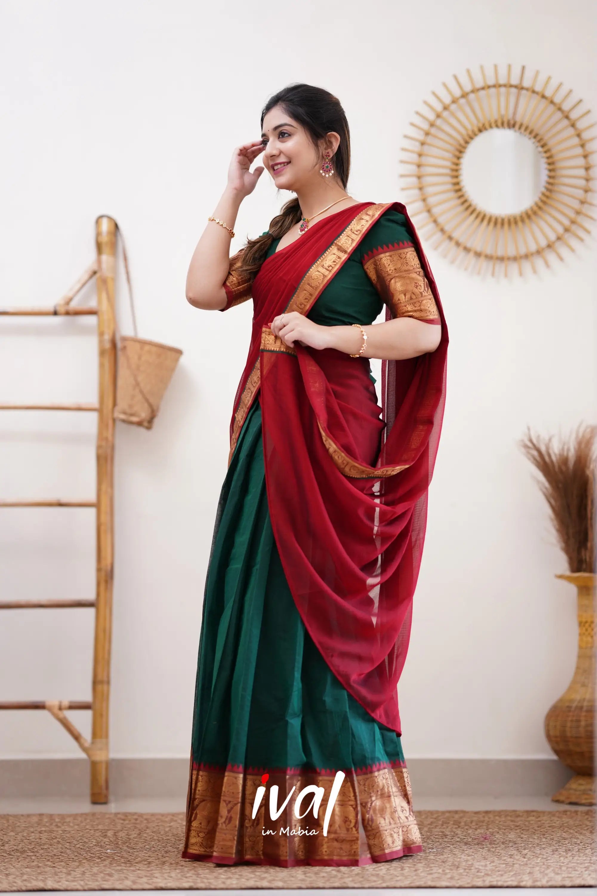 Padmaja - Bottle Green And Reddish Maroon Cotton Halfsaree Half Sarees