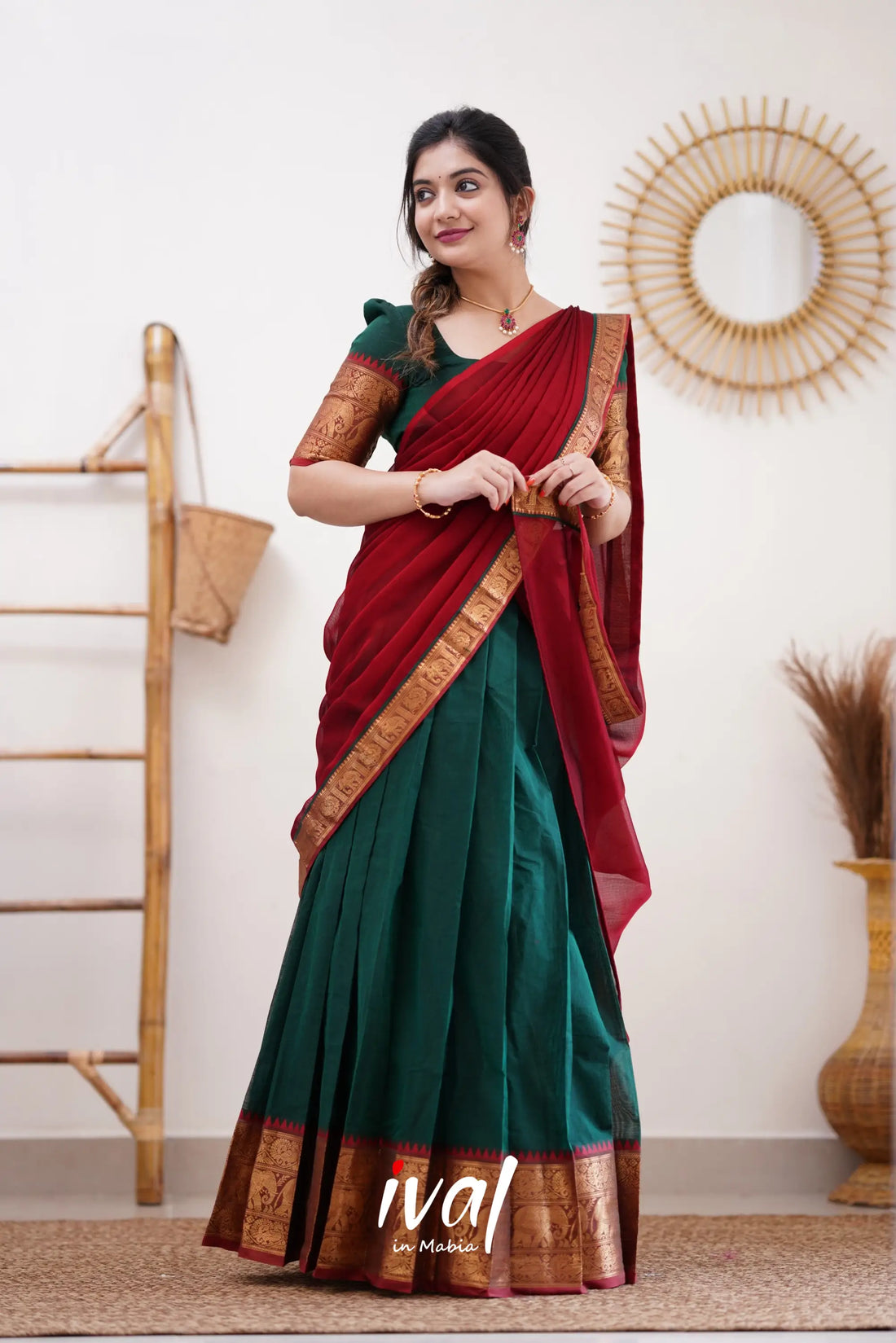 Padmaja - Bottle Green And Reddish Maroon Cotton Halfsaree Half Sarees