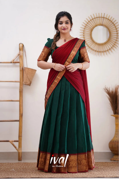 Padmaja - Bottle Green And Reddish Maroon Cotton Halfsaree Half Sarees