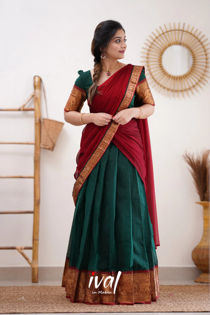 Padmaja - Bottle Green And Reddish Maroon Cotton Halfsaree Half Sarees