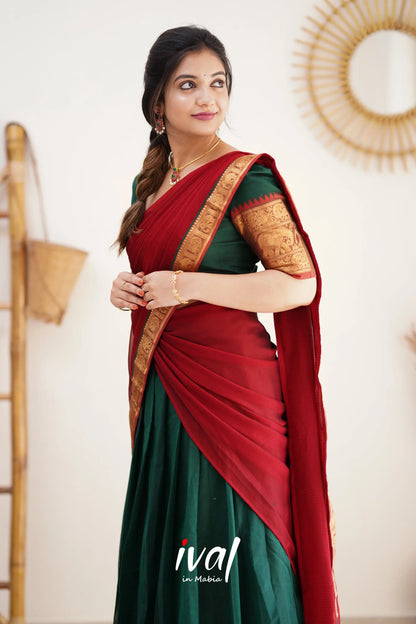 Padmaja - Bottle Green And Reddish Maroon Cotton Halfsaree Half Sarees