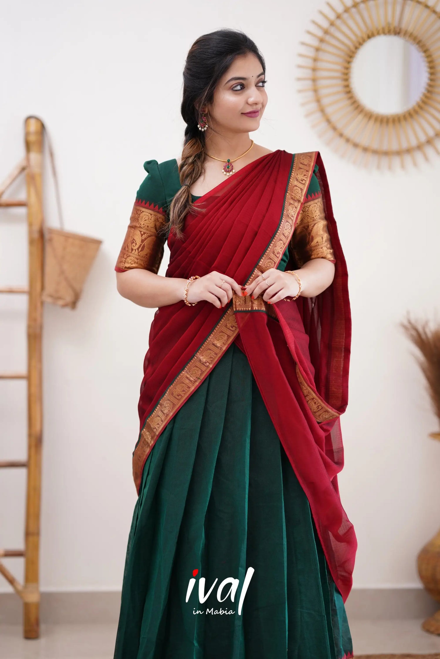 Padmaja - Bottle Green And Reddish Maroon Cotton Halfsaree Half Sarees