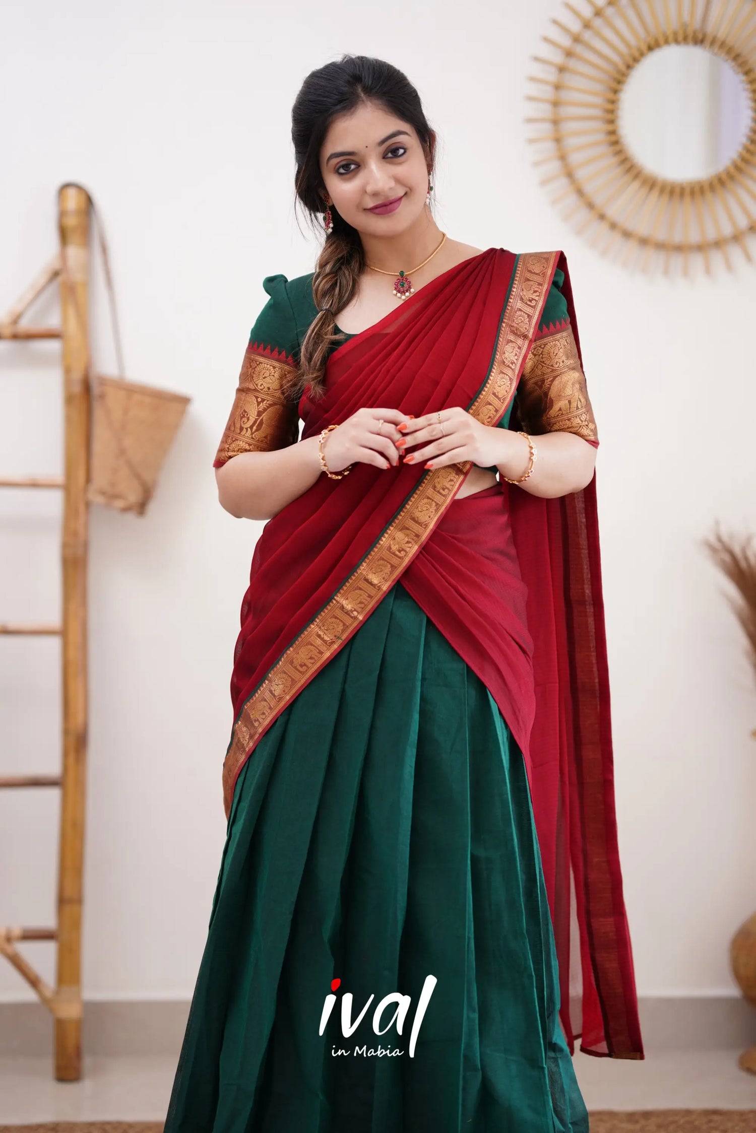 Padmaja - Bottle Green And Reddish Maroon Cotton Halfsaree Half Sarees