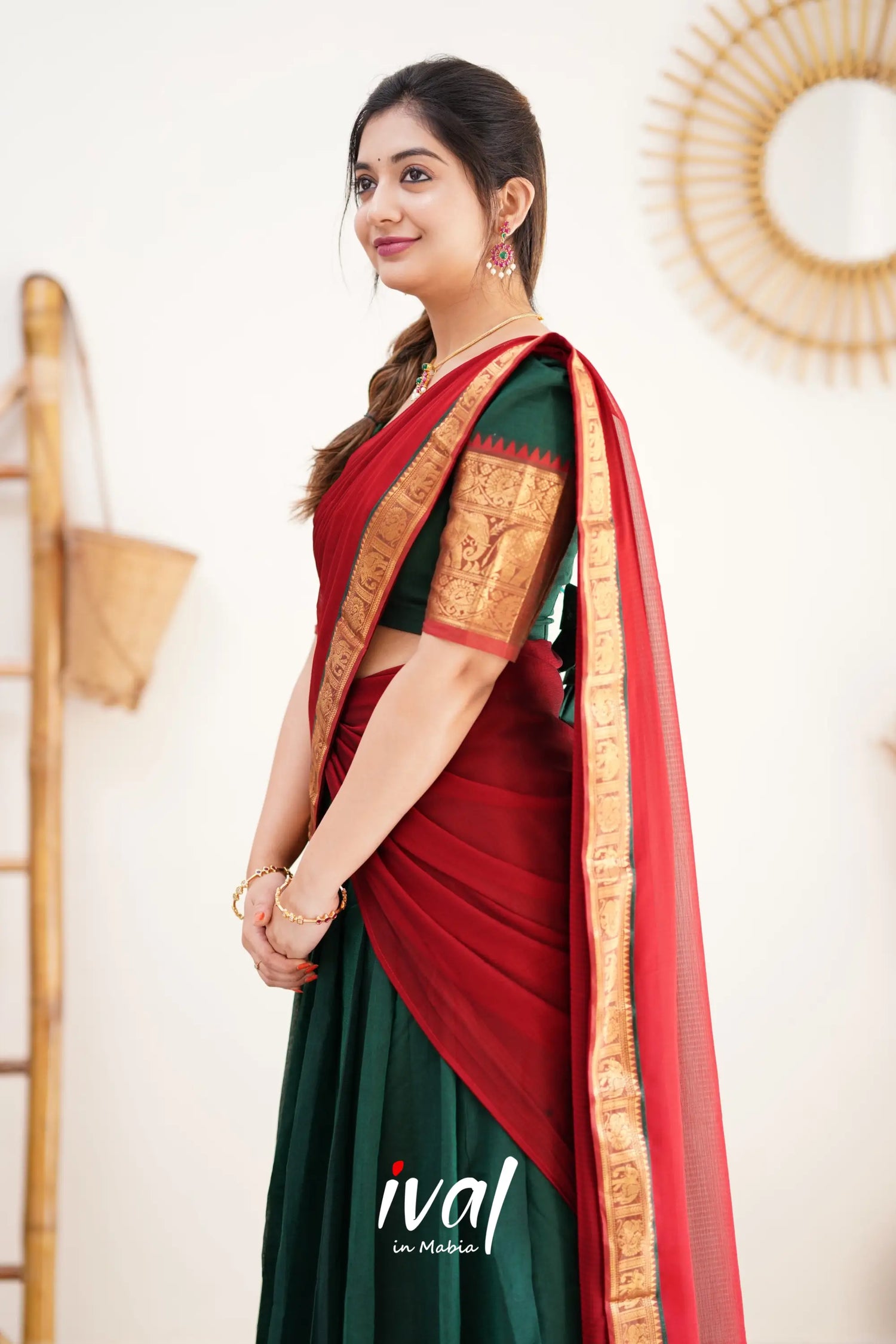 Padmaja - Bottle Green And Reddish Maroon Cotton Halfsaree Half Sarees