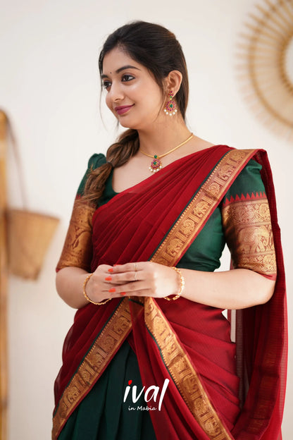 Padmaja - Bottle Green And Reddish Maroon Cotton Halfsaree Half Sarees