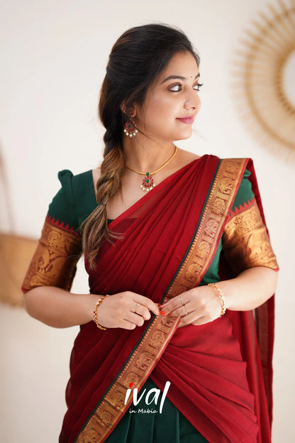 Padmaja - Bottle Green And Reddish Maroon Cotton Halfsaree Half Sarees