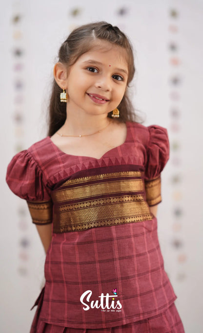 Padmaja Brick Pink Shade And Dark Brownish Maroon Tone Cotton Pavadai Sattai Kids-Suttis