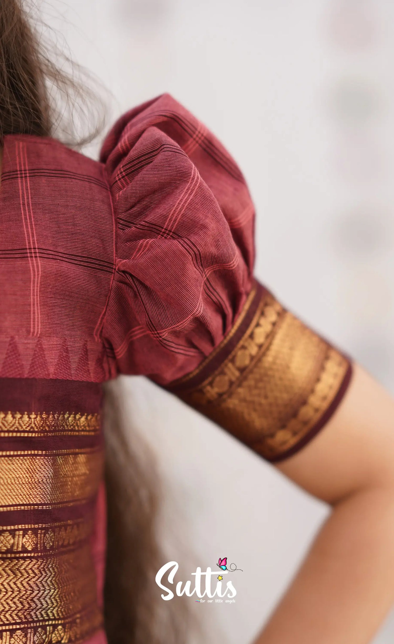 Padmaja Brick Pink Shade And Dark Brownish Maroon Tone Cotton Pavadai Sattai Kids-Suttis