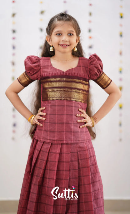 Padmaja Brick Pink Shade And Dark Brownish Maroon Tone Cotton Pavadai Sattai Kids-Suttis