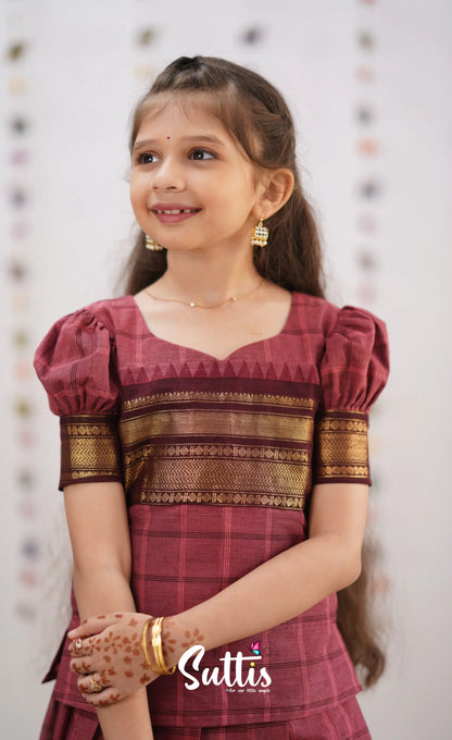 Padmaja Brick Pink Shade And Dark Brownish Maroon Tone Cotton Pavadai Sattai Kids-Suttis