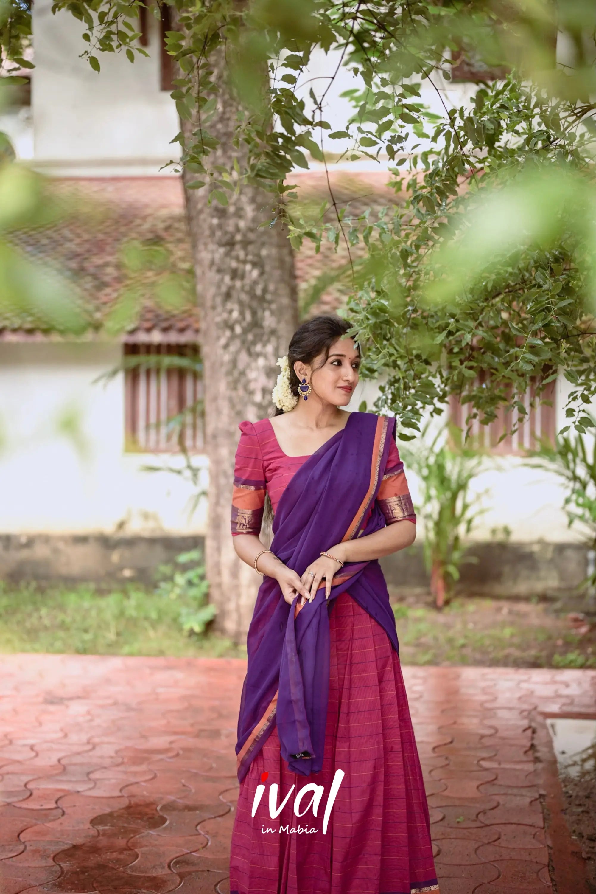 Padmaja - Bright Pink And Purple Cotton Halfsaree Half Sarees