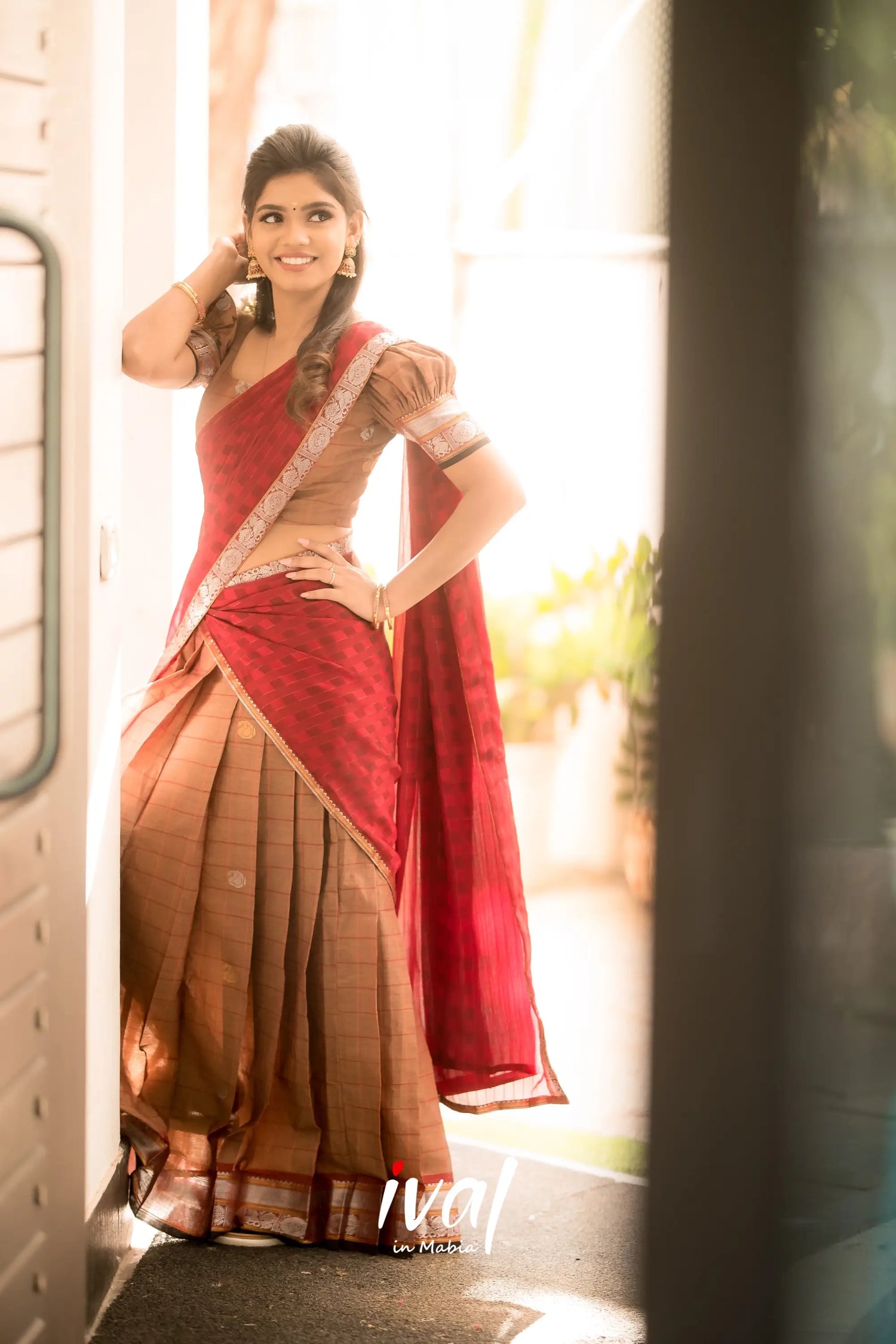 Padmaja - Brown And Reddish Maroon Cotton Halfsaree Half Sarees