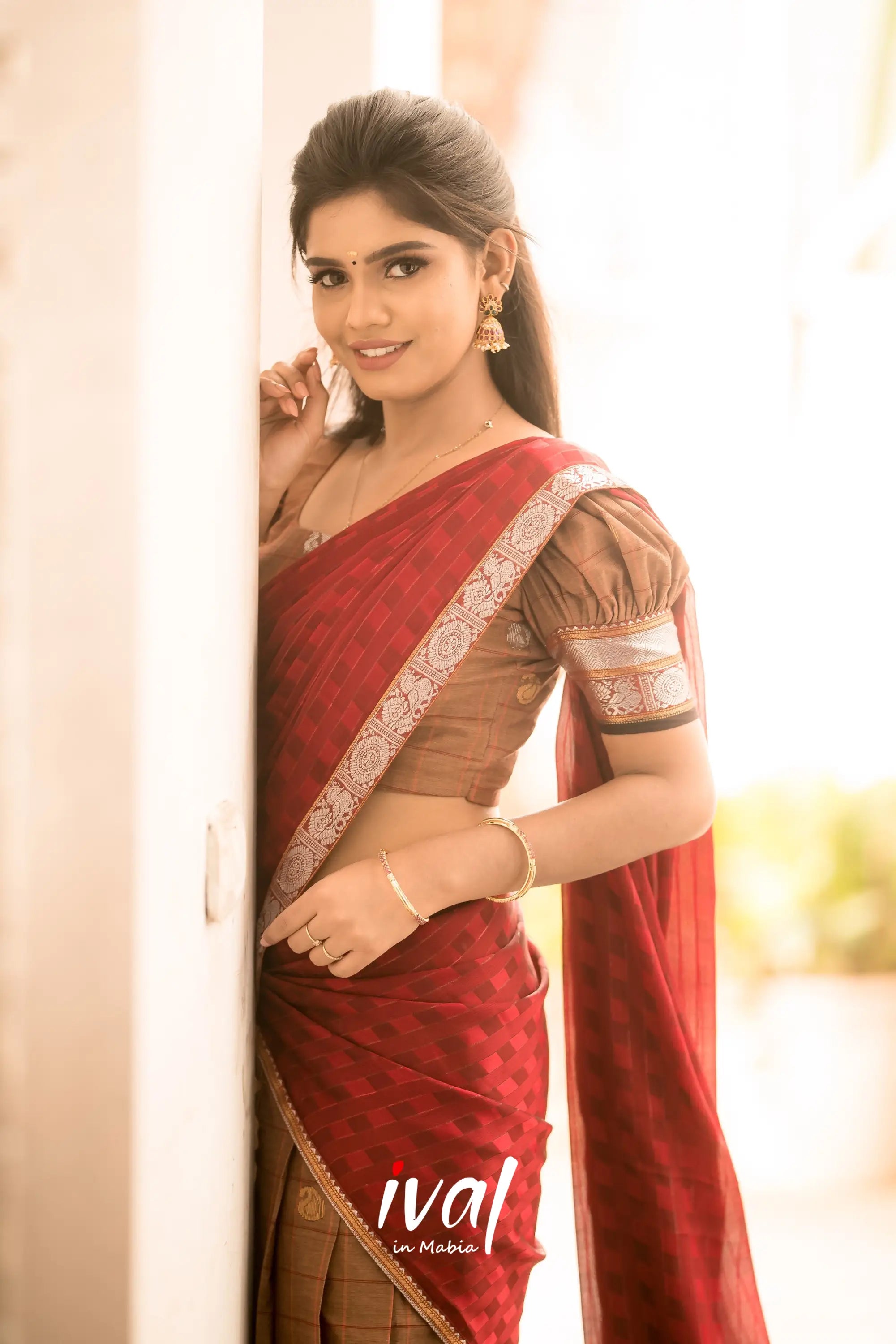 Padmaja - Brown And Reddish Maroon Cotton Halfsaree Half Sarees