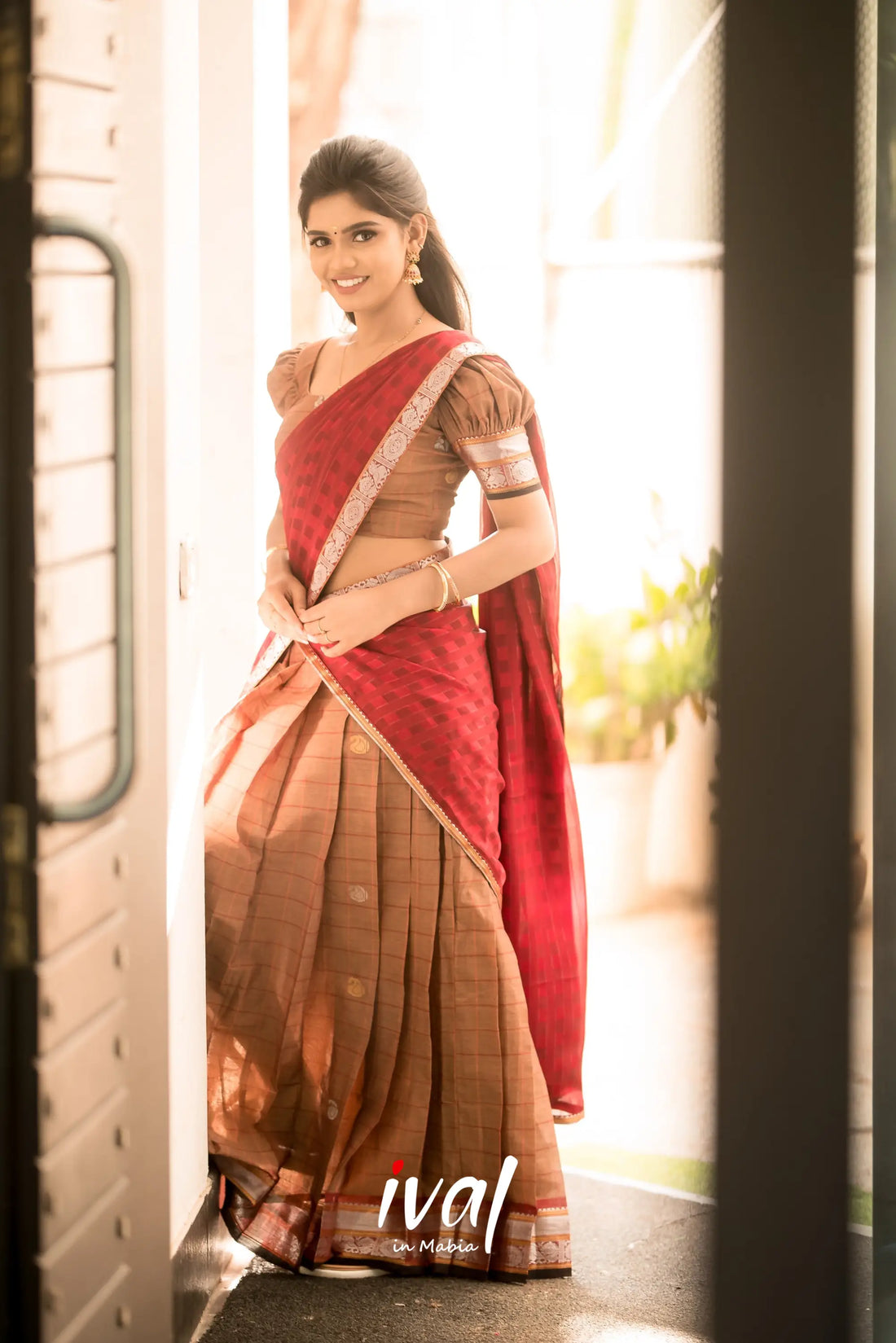 Padmaja - Brown And Reddish Maroon Cotton Halfsaree Half Sarees