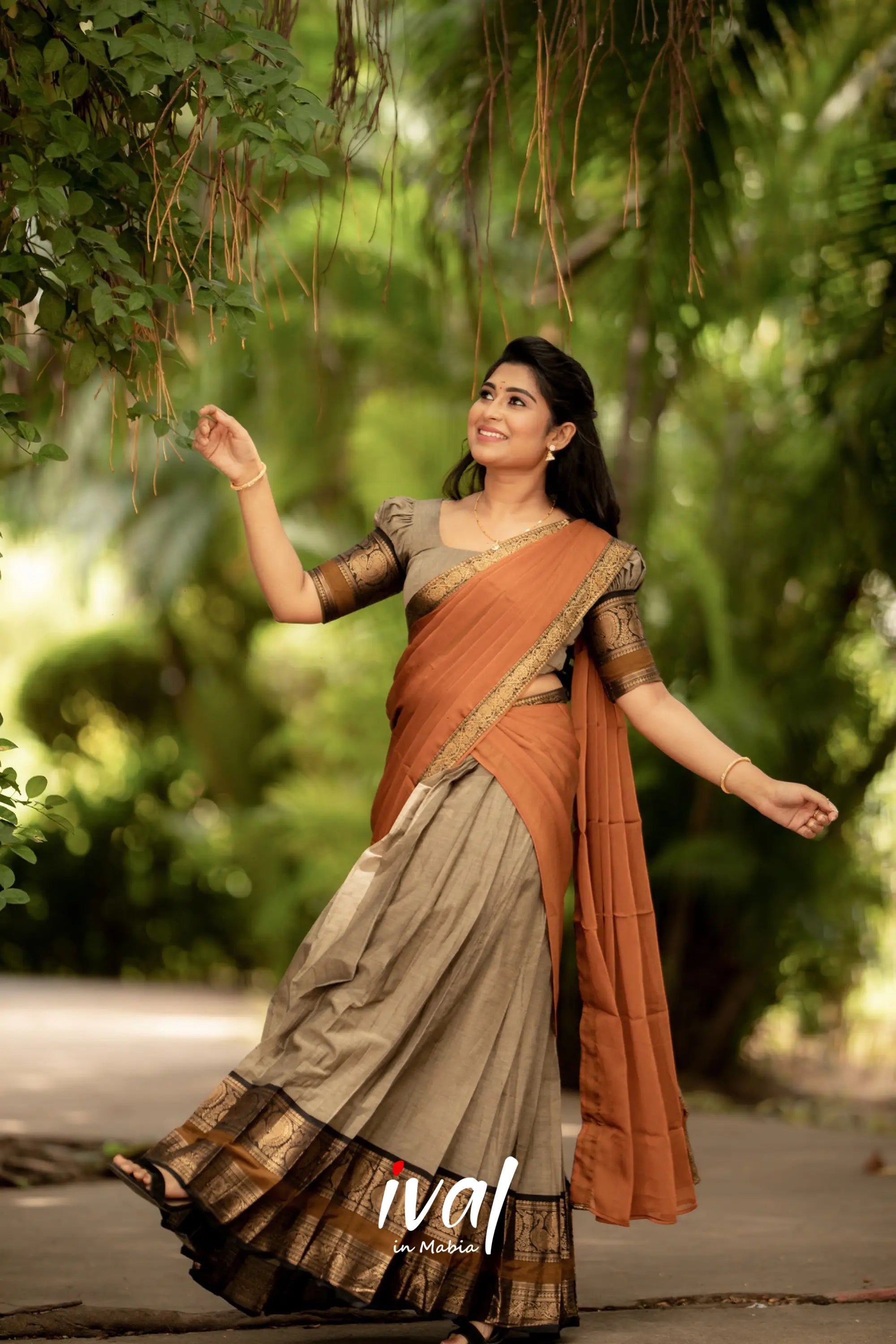 Padmaja - Brownish Grey And Mustard Cotton Halfsaree Half Sarees