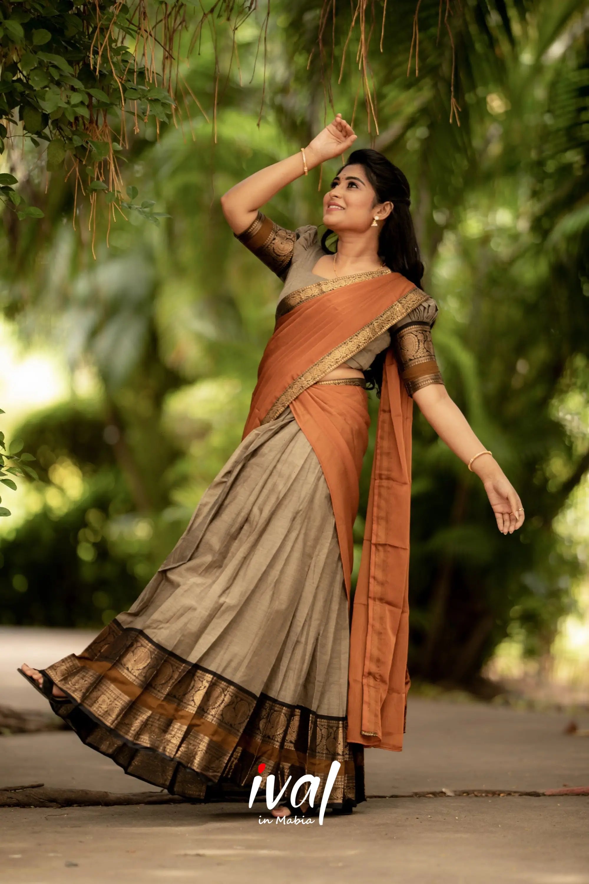 Padmaja - Brownish Grey And Mustard Cotton Halfsaree Half Sarees