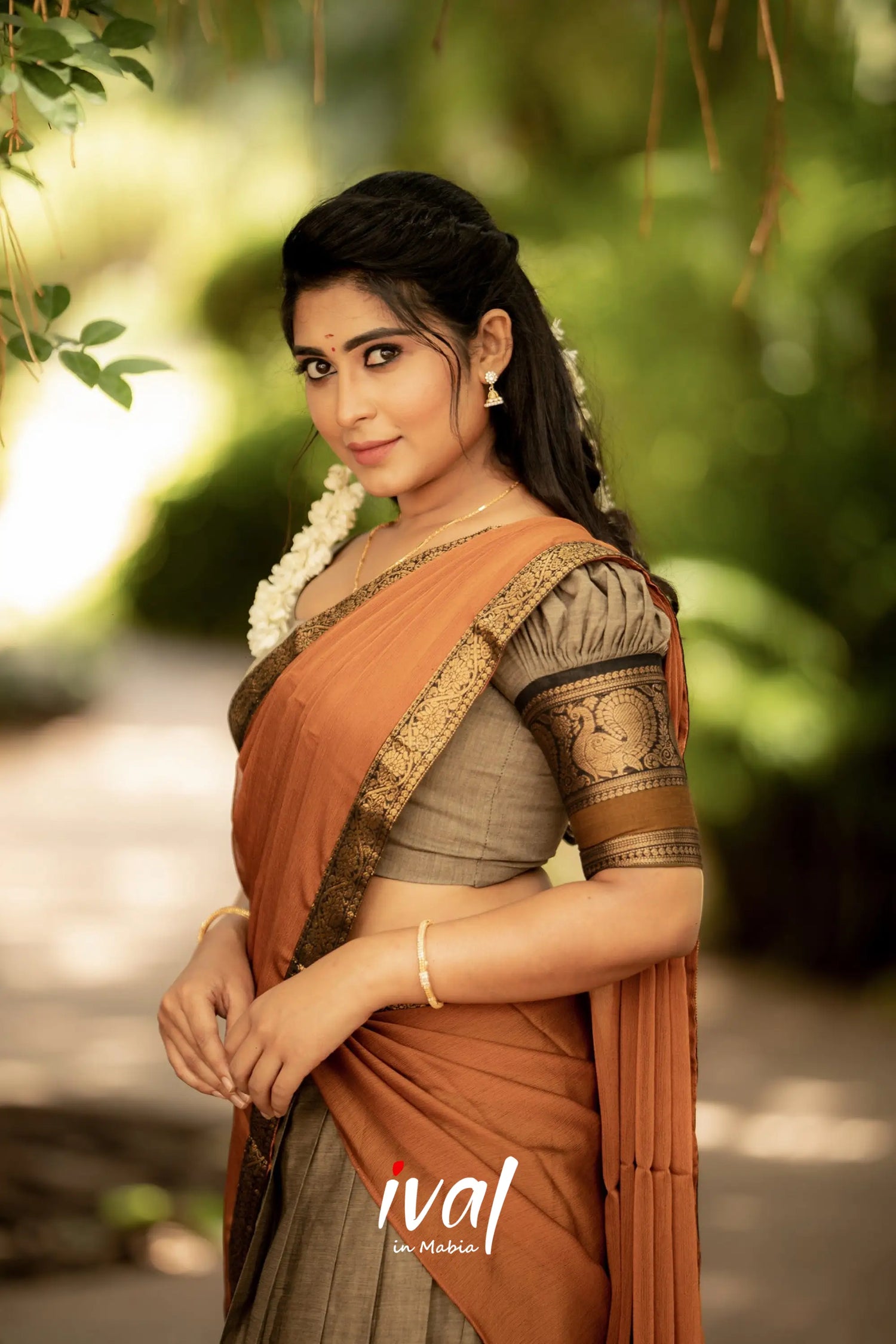 Padmaja - Brownish Grey And Mustard Cotton Halfsaree Half Sarees