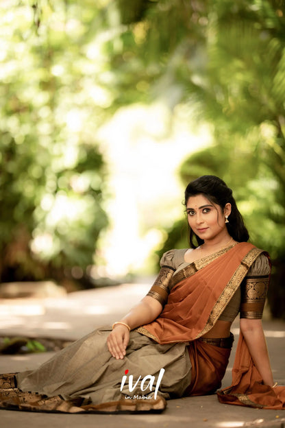 Padmaja - Brownish Grey And Mustard Cotton Halfsaree Half Sarees